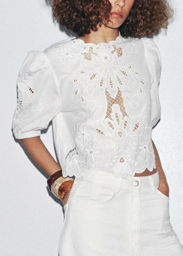 French White Puff Sleeve Hollow Out Embroidered Cotton Top