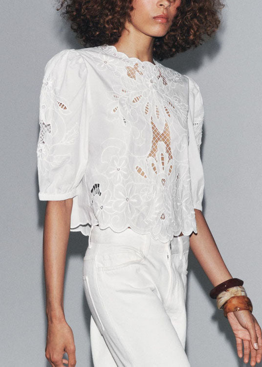 French White Puff Sleeve Hollow Out Embroidered Cotton Top