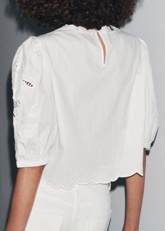French White Puff Sleeve Hollow Out Embroidered Cotton Top