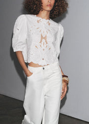 French White Puff Sleeve Hollow Out Embroidered Cotton Top