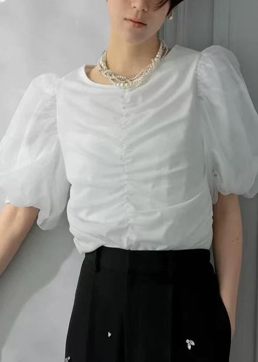 French White Puff Sleeve Wrinkled Cotton Tops