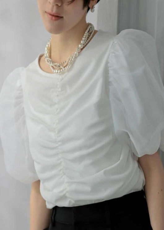 French White Puff Sleeve Wrinkled Cotton Tops