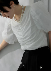 French White Puff Sleeve Wrinkled Cotton Tops
