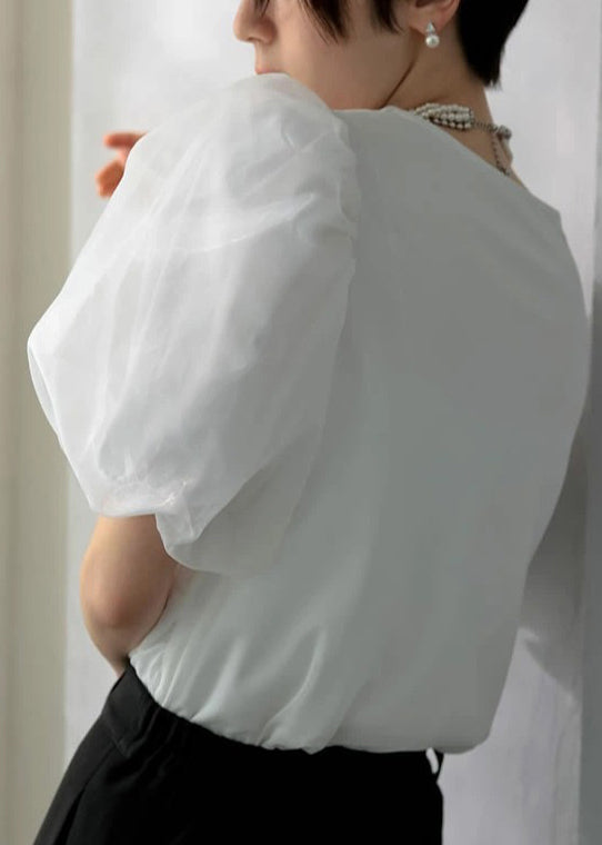 French White Puff Sleeve Wrinkled Cotton Tops