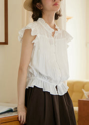 French White Ruffled Button Patchwork Cotton Blouses Summer