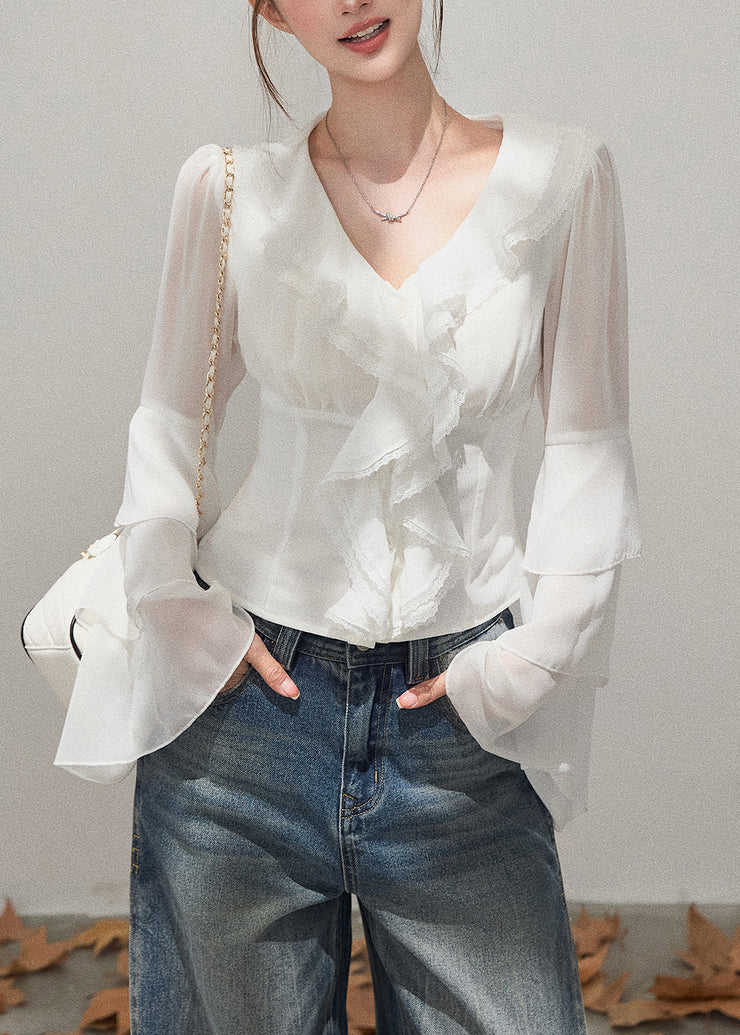 French White Ruffled Chiffon Tops Flare Sleeve