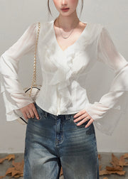French White Ruffled Chiffon Tops Flare Sleeve