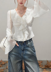 French White Ruffled Chiffon Tops Flare Sleeve