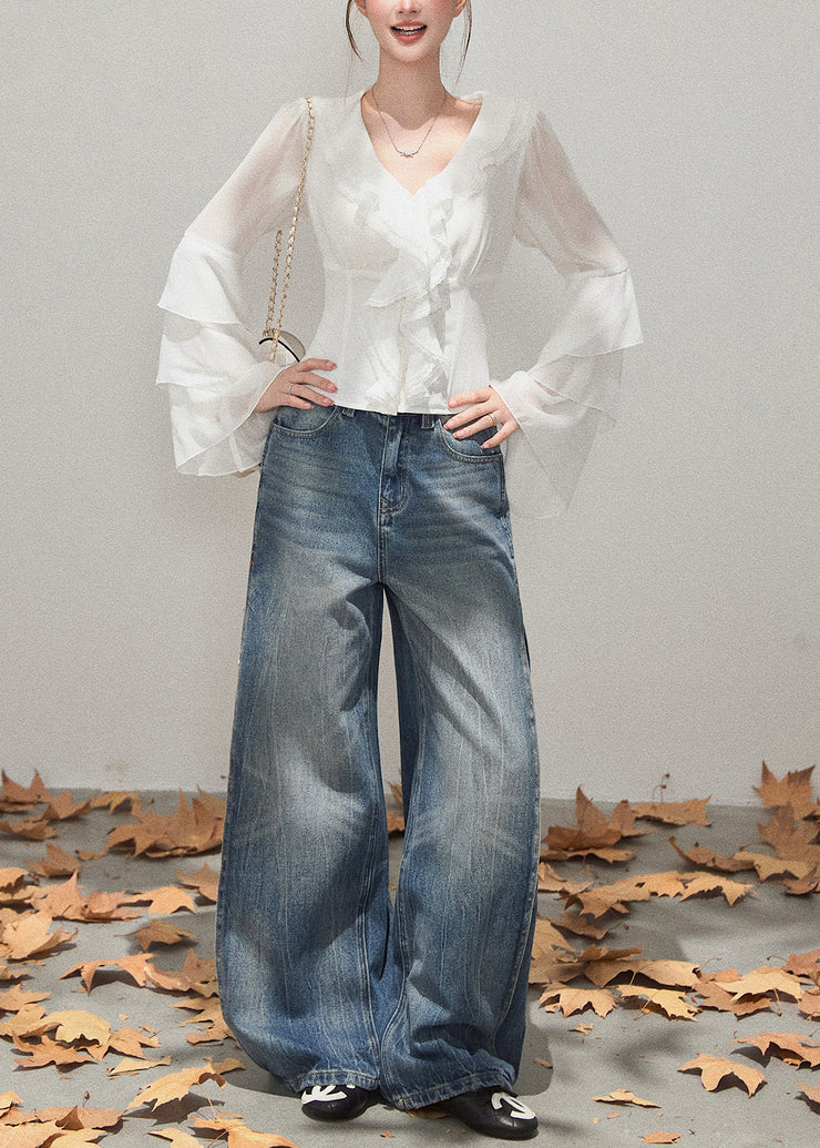 French White Ruffled Chiffon Tops Flare Sleeve