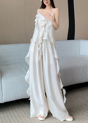 French White Ruffled Draping Chiffon 2 Piece Outfit Summer