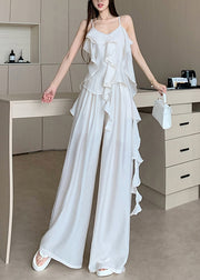 French White Ruffled Draping Chiffon 2 Piece Outfit Summer