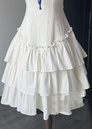 French White Ruffled Lace Up Solid Cotton Dress Sleeveless