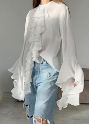 French White Ruffled Patchwork Chiffon Shirts Top Fall
