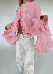 French White Ruffled Patchwork Chiffon Shirts Top Fall