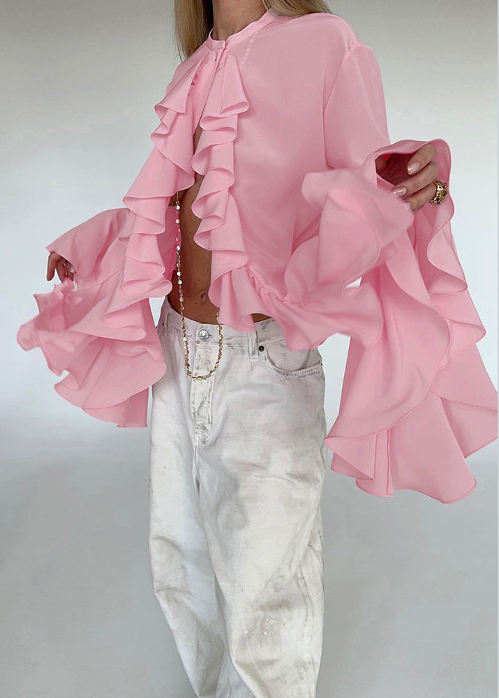 French White Ruffled Patchwork Chiffon Shirts Top Fall