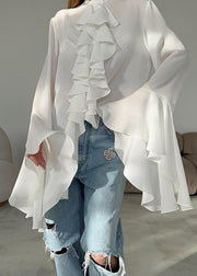 French White Ruffled Patchwork Chiffon Shirts Top Fall