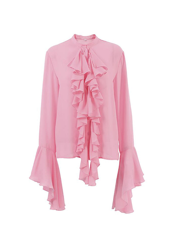 French White Ruffled Patchwork Chiffon Shirts Top Fall