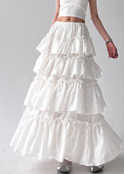 French White Ruffled Patchwork Elastic Waist Cotton Skirt Fall