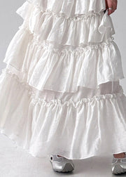 French White Ruffled Patchwork Elastic Waist Cotton Skirt Fall