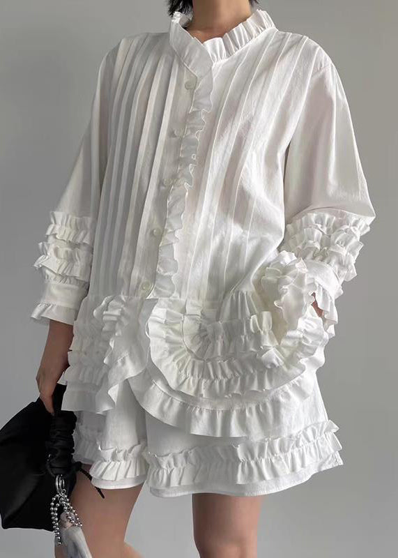 French White Ruffled Shirt And Shorts Cotton Two Piece Set Fall