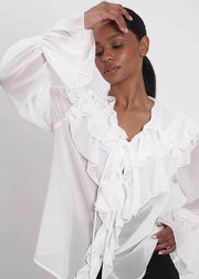 French White Ruffles Chiffon Sheer Shirts Summer