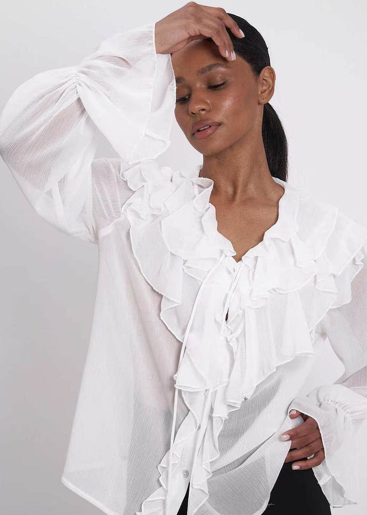 French White Ruffles Chiffon Sheer Shirts Summer