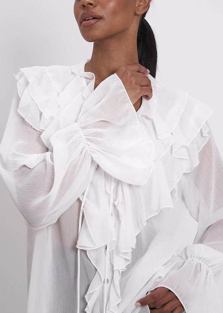 French White Ruffles Chiffon Sheer Shirts Summer