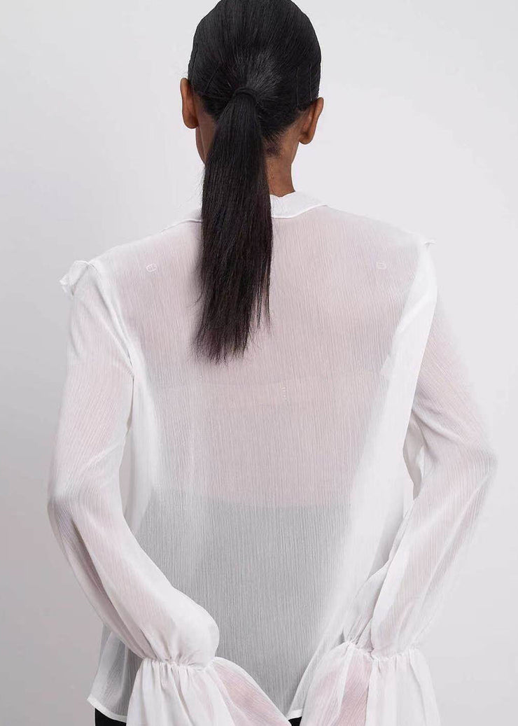French White Ruffles Chiffon Sheer Shirts Summer
