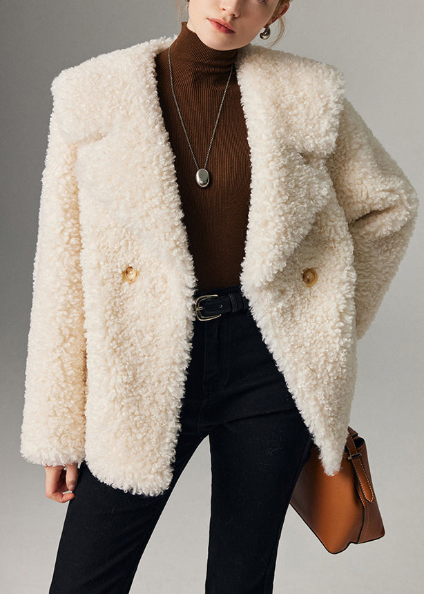 French White Sailor Collar Button Cozy Faux Fur Coats Winter