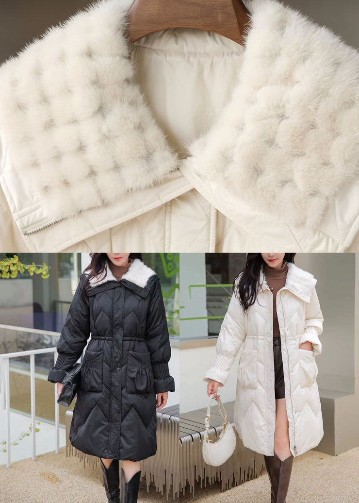 French White Sailor Collar Pockets Patchwork Long Parka Winter