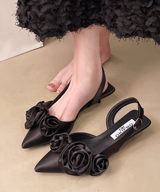 French White Satin Sandals Splicing Floral Pointed Toe