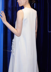 French White Sequins Pockets Cotton Party Dress Sleeveless