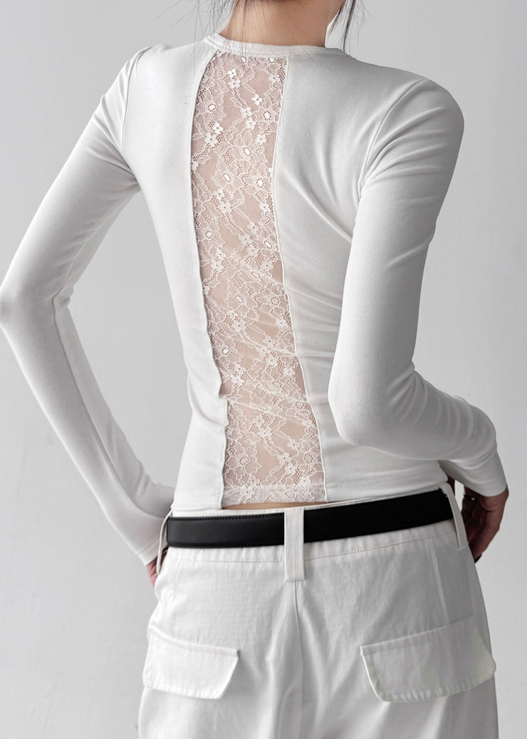 French White Silm Patchwork Lace Blouses Fall