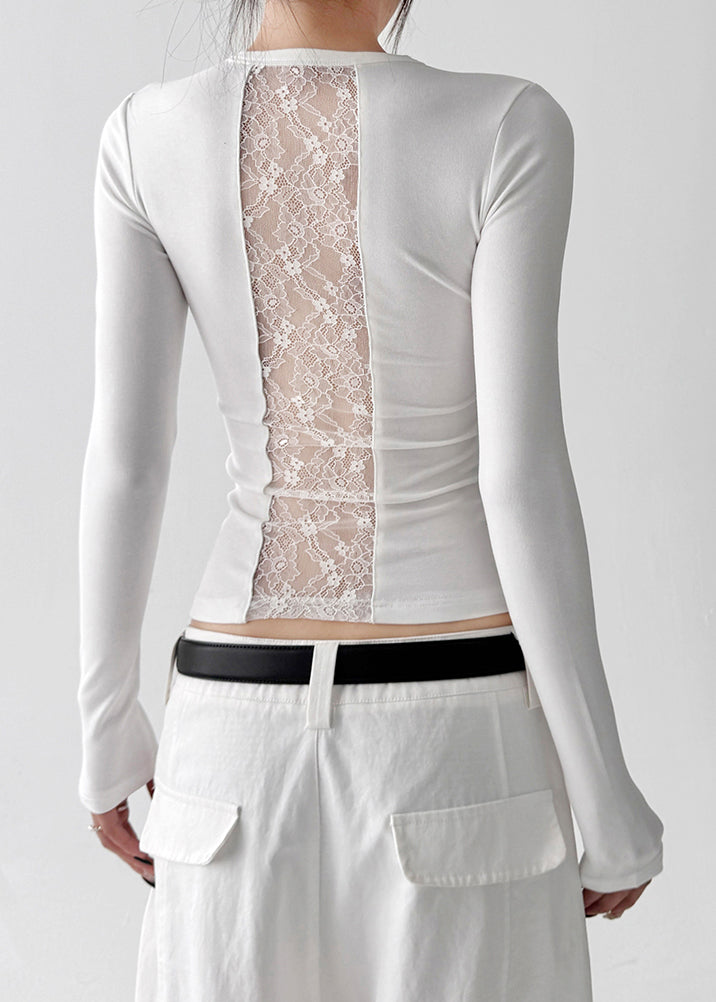 French White Silm Patchwork Lace Blouses Fall