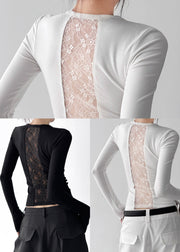 French White Silm Patchwork Lace Blouses Fall