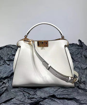 French White Solid Durable Leather Women Tote Handbag
