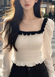 French White Square Collar Ruffled Patchwork Chiffon Top Fall
