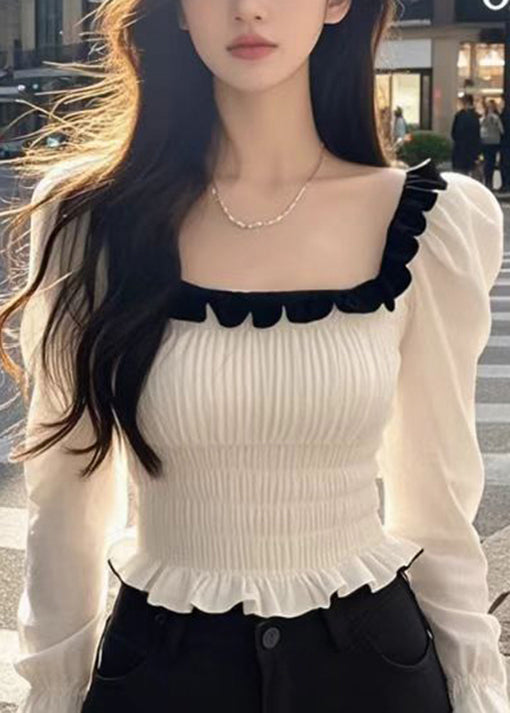 French White Square Collar Ruffled Patchwork Chiffon Top Fall