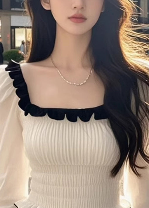 French White Square Collar Ruffled Patchwork Chiffon Top Fall