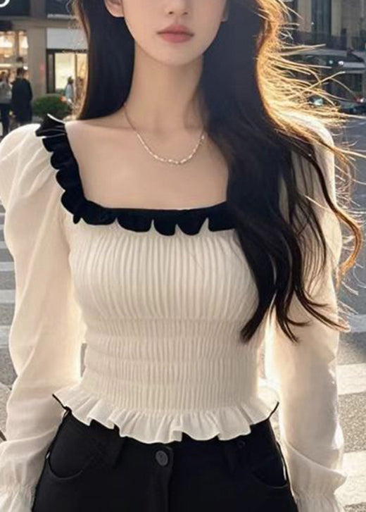 French White Square Collar Ruffled Patchwork Chiffon Top Fall