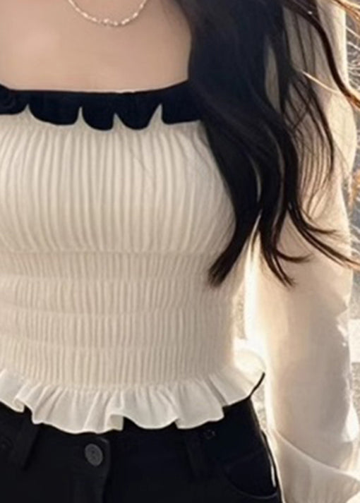 French White Square Collar Ruffled Patchwork Chiffon Top Fall