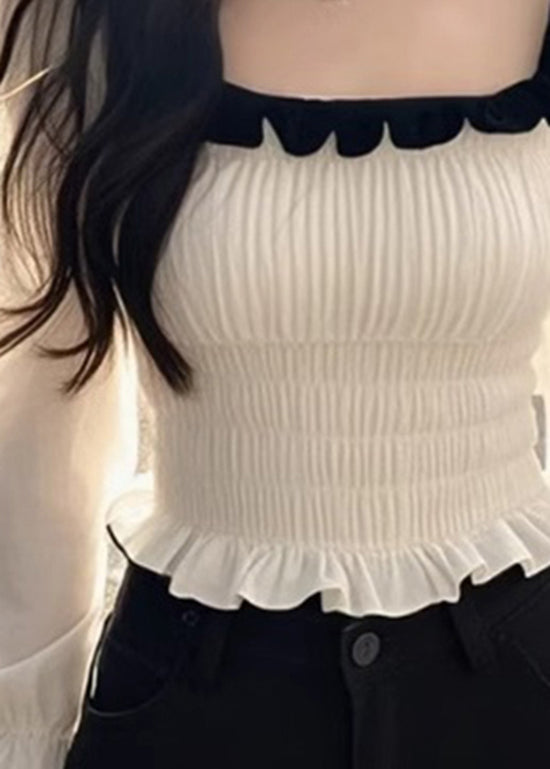 French White Square Collar Ruffled Patchwork Chiffon Top Fall