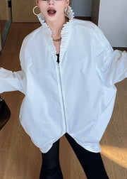 French White Stand Collar Cinched Patchwork Zippered Solid Shirt Batwing Sleeve