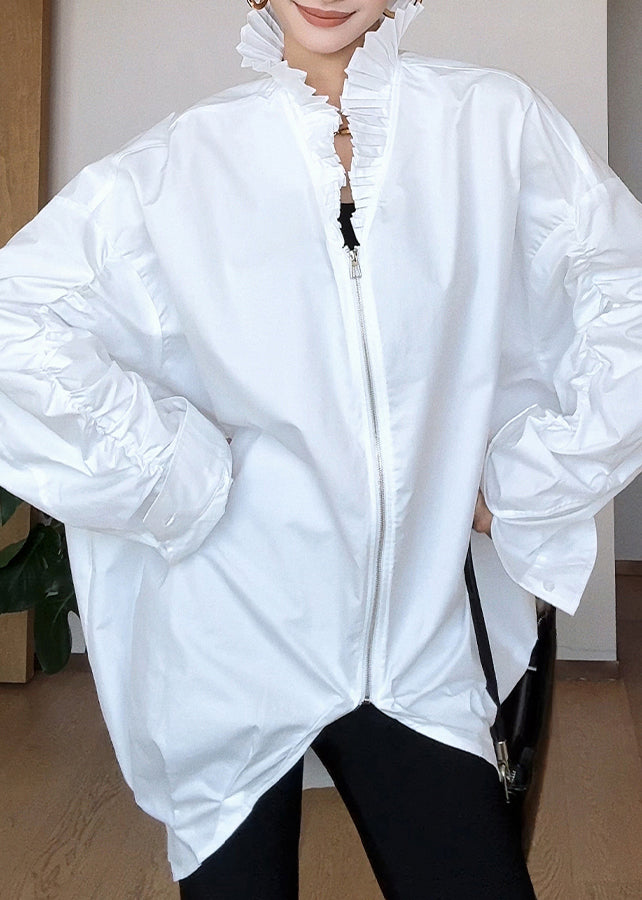 French White Stand Collar Cinched Patchwork Zippered Solid Shirt Batwing Sleeve