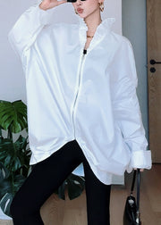 French White Stand Collar Cinched Patchwork Zippered Solid Shirt Batwing Sleeve