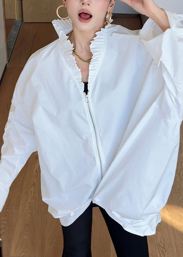 French White Stand Collar Cinched Patchwork Zippered Solid Shirt Batwing Sleeve