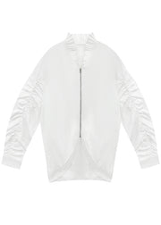 French White Stand Collar Cinched Patchwork Zippered Solid Shirt Batwing Sleeve