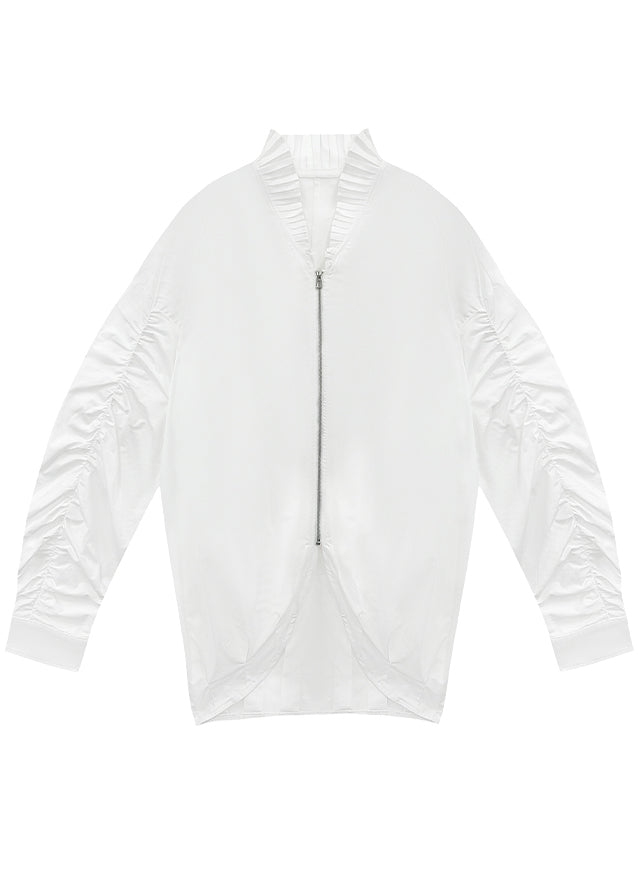 French White Stand Collar Cinched Patchwork Zippered Solid Shirt Batwing Sleeve
