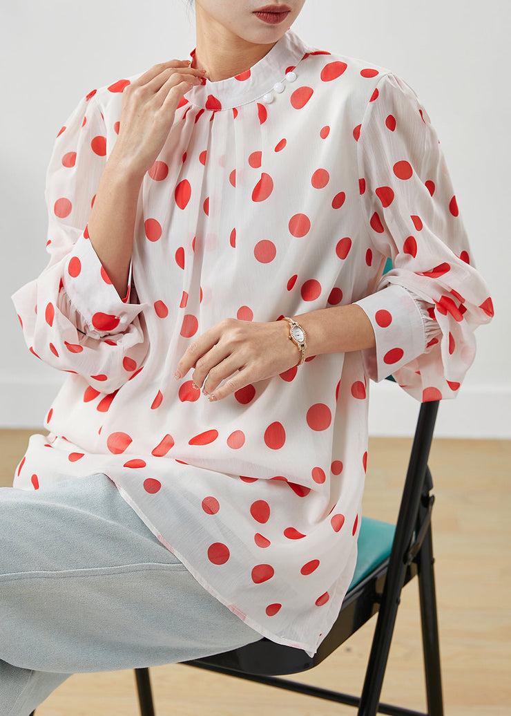 French White Stand Collar Dot Print Chiffon Blouses Spring