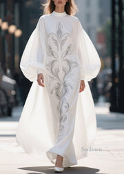 French White Stand Collar Print Chiffon Robe Dresses Lantern Sleeve